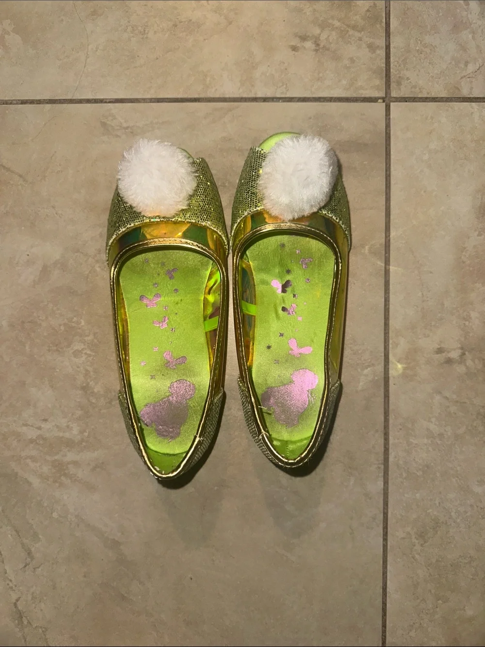 Disney’s Tinkerbell Glittery Wedges Peep-Toe Flats with White Jingling Pom Pom